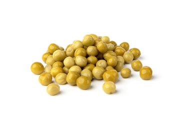 Canned green peas isolated on white background.