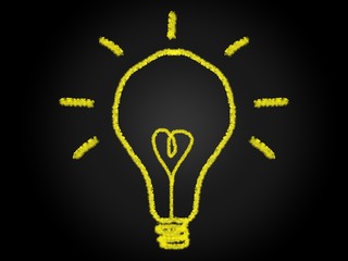 Yellow line drawing for light bulb concept idea with ray shine and heart filament lamp on black background. Digital art drawing.