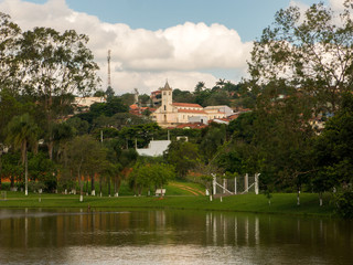 Fototapeta premium TUIUTI, BRAZIL - OCT 28, 2018 - Tuiuti city church view from park lake city