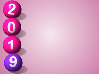 2019 Happy New Year on ball type illustration on light pink background.