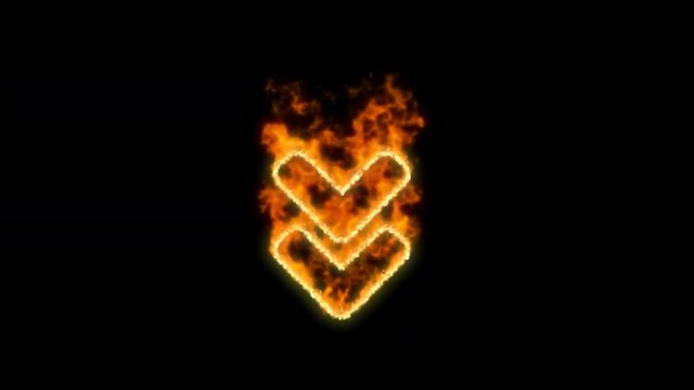 Angle double down symbol inflames. Then disappears. In - Out loop. Alpha channel Premultiplied - Matted with color black