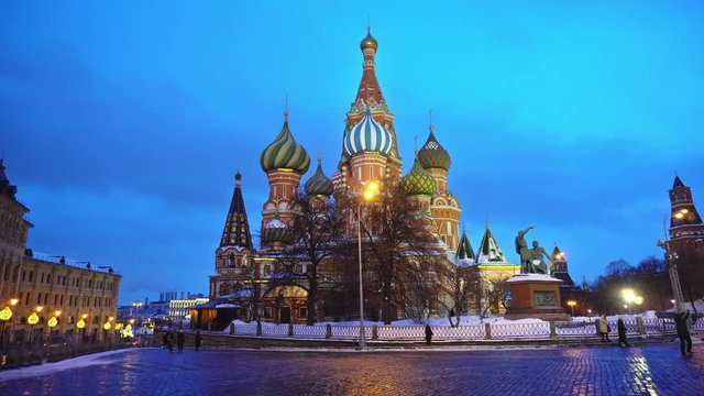 Amazing Saint Basil's Cathedral in Red Square, Moscow, symbol of the country. Evening, bright blue sky