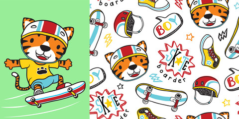 tiger the skateboarder with skateboard element seamless pattern vector