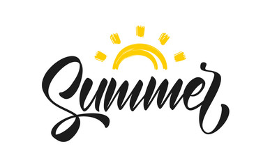 Vector illustration: Handwritten calligraphic type lettering of Summer with hand drawn brush sun