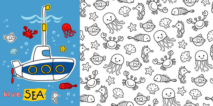 Submarine cartoon with marine animals seamless pattern vector