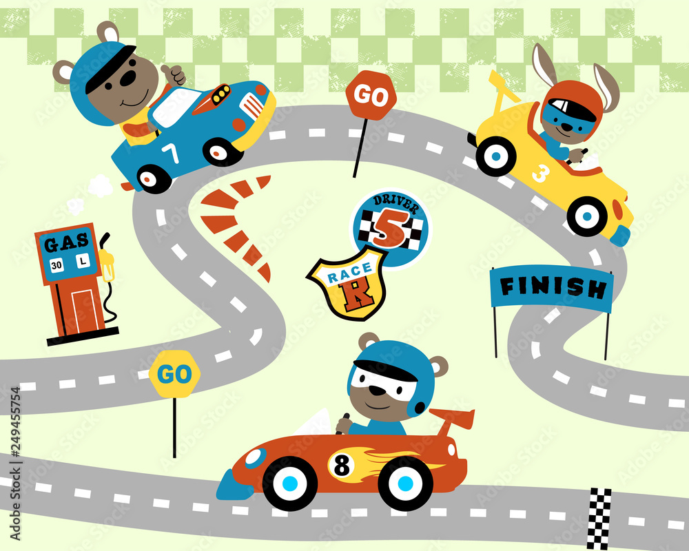 Wall mural car race cartoon with funny animals