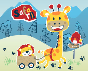 safari animals cartoon on mountain background