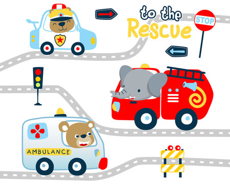 Rescue vehicles cartoon with funny animals driver
