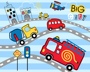 Cityscape cartoon with vehicles in the road on striped background