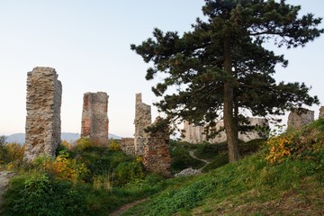 Ruins of Stary Jicin Castle at sunrise in autumn. 