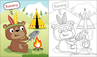 Vector cartoon of, funny bear with feather headdress grilling a fish, coloring book or page