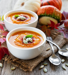 Bowls of pumpkin soup