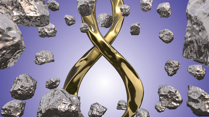 8 March symbol. Figure of eight made of cast gold platinum or silver flying in the air with asteroid field in front. Decorative greeting or postcard for international Woman's Day 3d illustration
