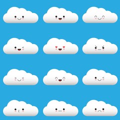 Flat design cartoon cute cloud character with different facial expressions, emotions. Set, collection of emoji on blue background.