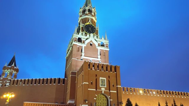 Kremlin Chimes, clock and  red star on it, Kremlin Wall in Red Square, Moscow, symbols of the country, night, no people, panorama, close up, blue sky