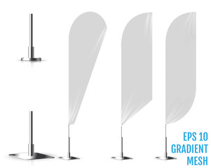 Realistic white banner flags 3d mockup. Textile waving advertisement banner flags.