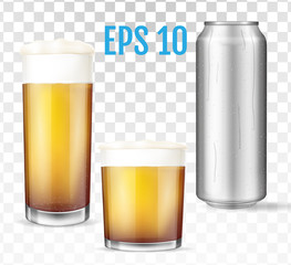 Beer glasses. Metal can of cold beer.