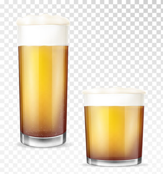 Beer glasses. Empty and full transparent cup.
