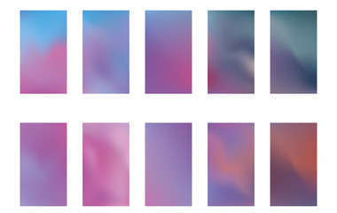 Fototapeta na wymiar Set of blurred nature dark purple violet pink and blue backgrounds. Smooth banner template. Easy editable soft colored vector illustration. Ecology concept for your graphic design.