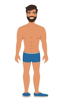 Handsome Smiling Man In Underwear Or Blue Swimming Trunks. Dark Brown Hair And Green Eyes. Isolated Vector Illustration. Cartoon Character On A White Background. Flat Style.