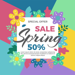 Spring sale banner with flowers Vector illustration in geometric flat style