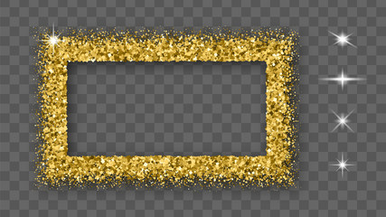 Gold Glitter Frame With Bland Shadows Isolated On Transparent  Background. Abstract Shiny Texture Rectangle Border. Golden Explosion Of Confetti. Vector Illustration, Eps 10.