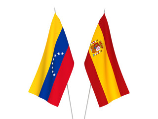 National fabric flags of Spain and Venezuela isolated on white background. 3d rendering illustration.