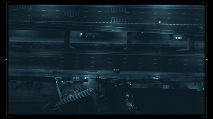 Futuristic HUD satellite car surveillance and identification counter terrorist monitoring highway traffic for possible enemy target vehicle