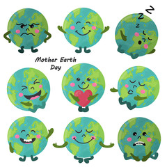 Set of cute cartoon Earth globe with emotions