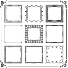 Vintage set of elements. Different square elements for decoration and design frames, cards, menus, backgrounds and monograms. Classic black patterns. Set of vintage patterns