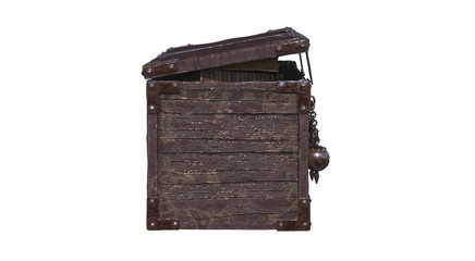 Ancient decorative chest with ancient books. Left view.