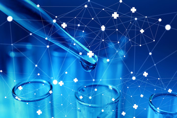 Pipette dripping sample into test tube on color background, closeup