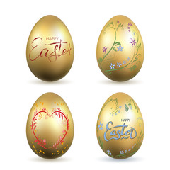 Easter egg 3D icon. Gold eggs set, lettering, isolated white background. Shiny design. Hand drawn decoration Happy Easter celebration. Text element. Holiday pattern. Spring symbol. Vector illustration