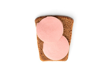 Bread with boiled sausage isolated on white background.