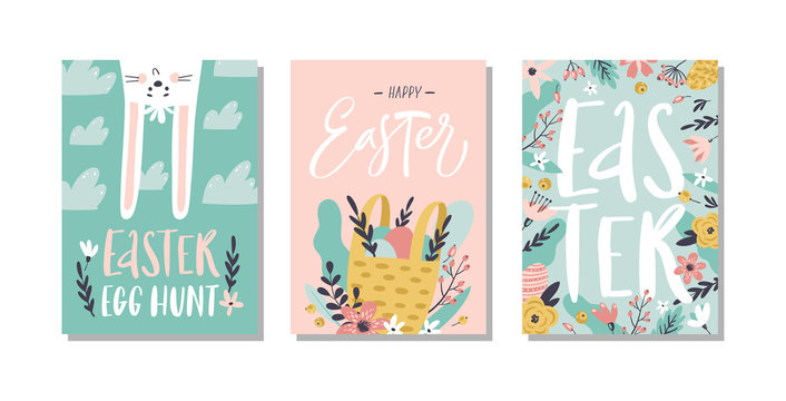 Set of Easter greeting cards and invitation for Easter egg hunt party. Hand drawn style.