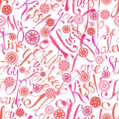 Valentine Slogans and Heart Flowers Seamless Pattern. Continuous Design for Background, Print, Wallpaper, Textile, and Gift Wrap