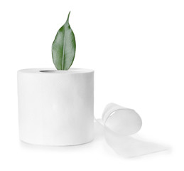 Roll of toilet paper with green leaf on white background. Ecology concept