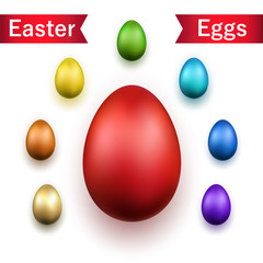 Easter egg 3D icons. Gold, color eggs set isolated white background. Golden design, decoration Happy Easter celebration. Holiday elements collection. Shiny pattern. Spring symbol. Vector illustration