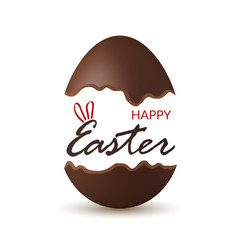 Easter broken egg 3d. Happy Easter text bunny ears. Chocolate brown open egg isolated white background. Traditional sweet candy decoration Happy Easter celebration. Holiday design. Vector illustration