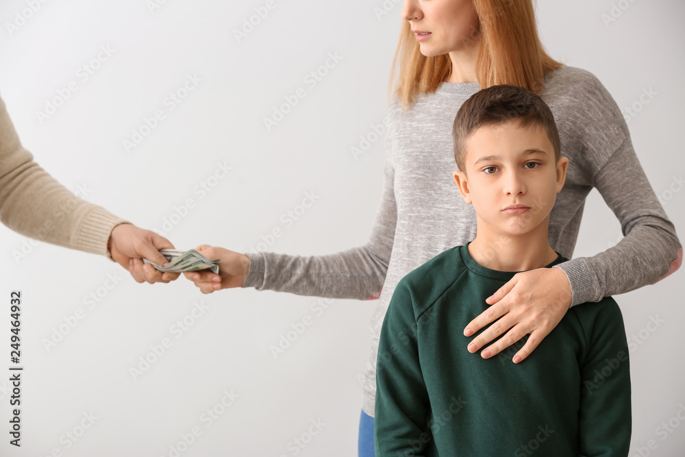 Poster Man giving alimony to his ex-family on light background