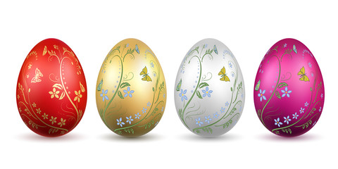 Easter egg 3D icon. Bright eggs set isolated white background. Floral hand drawn gold design, flower branch leaf decoration pattern Happy Easter celebration. Holiday spring lement. Vector illustration