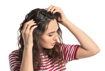 Naklejka premium Woman with hair loss problem on white background