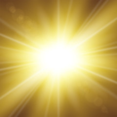 Sun rays. Starburst bright effect, isolated on gold background. Gold light star flash. Abstract shine beams. Vibrant magic sparkle explosion. Glowing burst, lens effect. Vector illustration