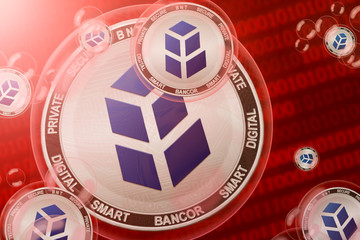 Bancor crash; Bancor (BNT) coins in a bubbles on the binary code background. Close-up.
