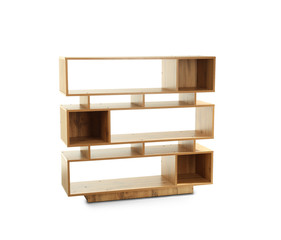 Wooden shelf unit on white background