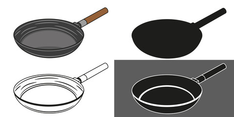 A set of frying pan. Skillet in a different styles. Vector illustration. - obrazy, fototapety, plakaty