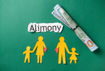 Word ALIMONY with paper figures of family and money on color background