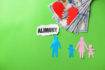 Word ALIMONY with paper figures of family, broken heart and money on color background