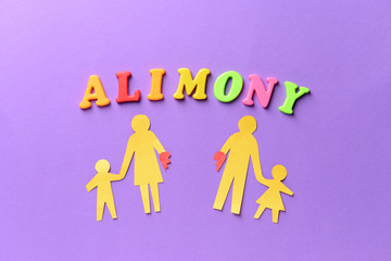 Word ALIMONY with paper figures of family on color background