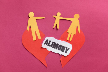Word ALIMONY with paper figures of family and broken heart on color background